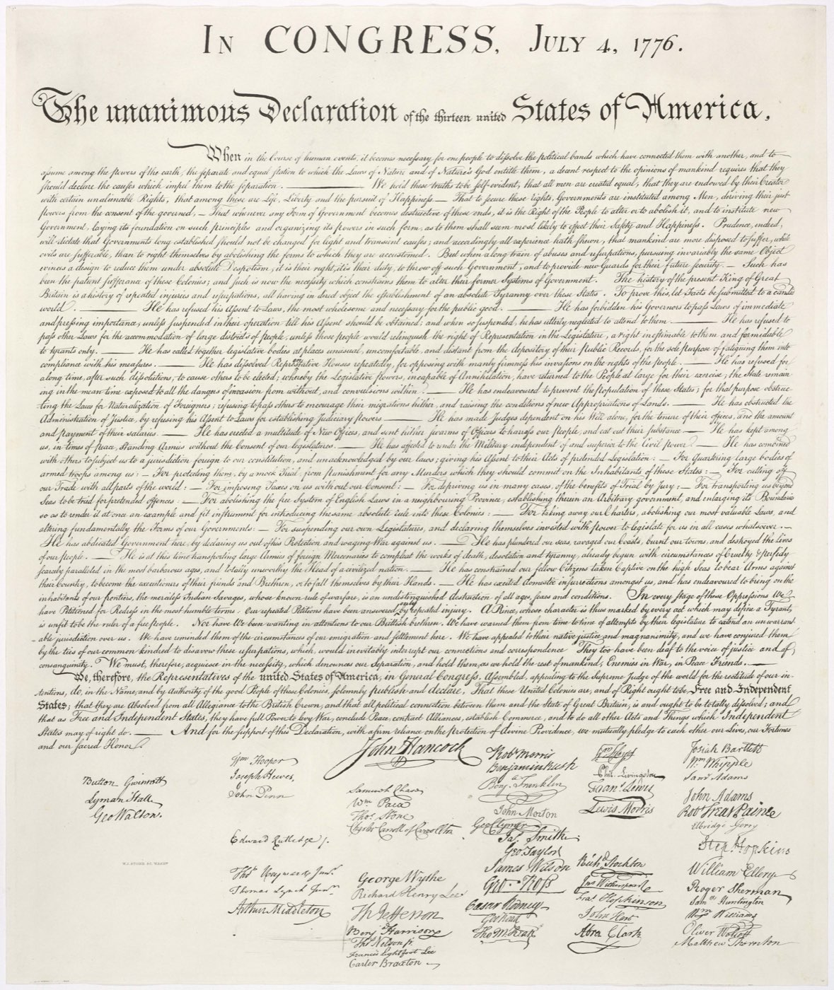 The Declaration of Independence, signed July 4, 1776