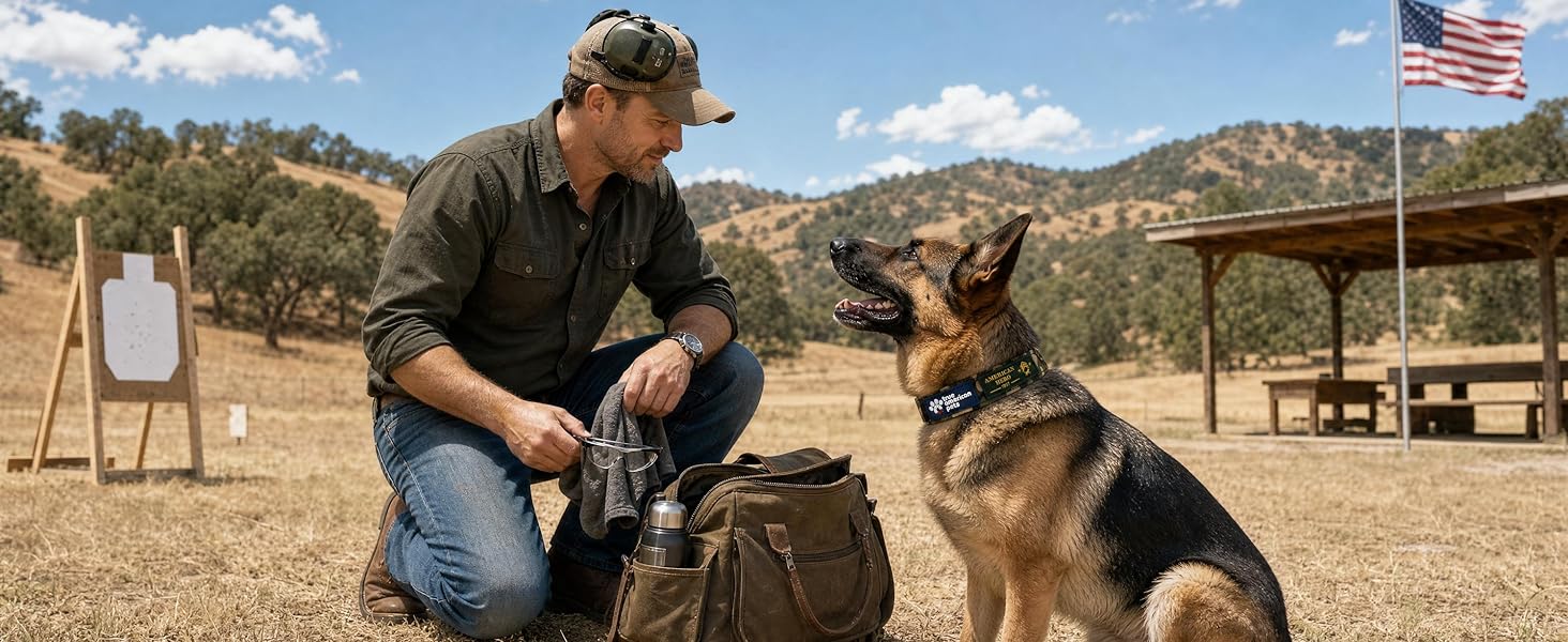 Handler working with a dog wearing the American Hero collar during outdoor training