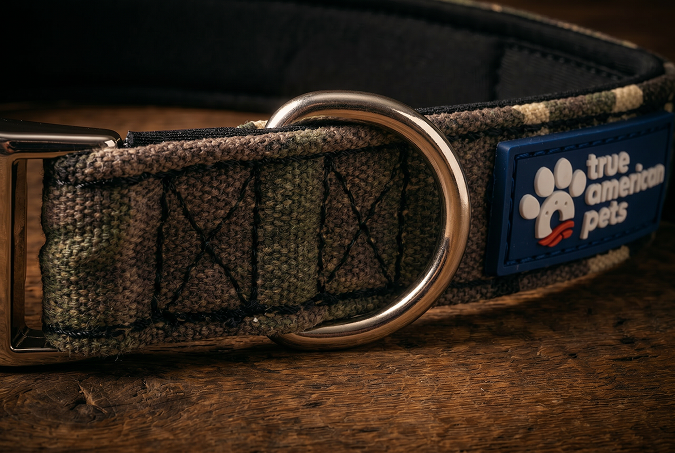 Welded steel D-ring and box-stitching on the Sgt. Stubby collar