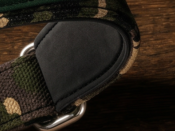 Close-up of padded neoprene lining and reinforced collar materials
