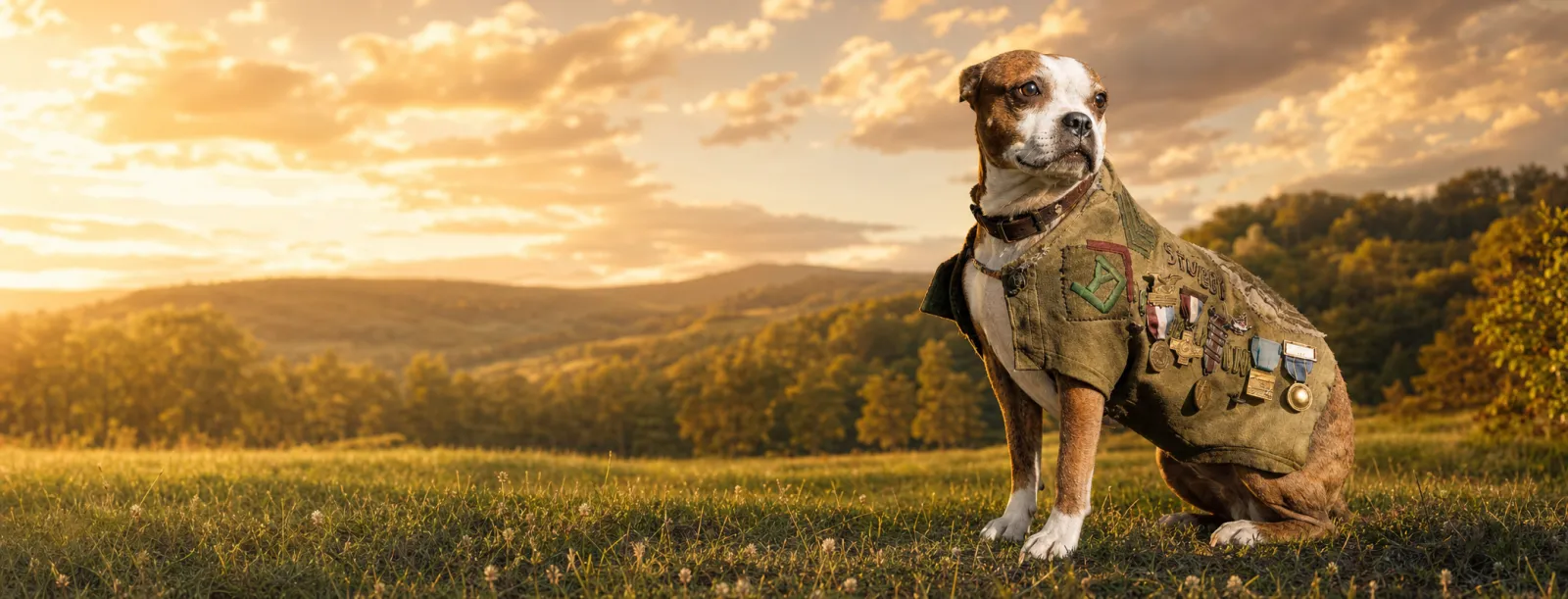 Sergeant Stubby in his medaled military vest, sitting in a golden meadow at sunset